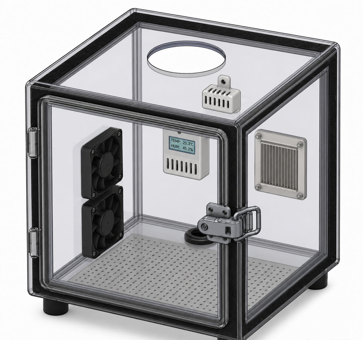 Custom test enclosure with dual fans, humidity sensor, and Peltier module for surgical robot V&V testing
